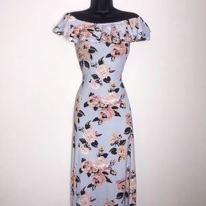 Blue Flora Off The Shoulder Dress